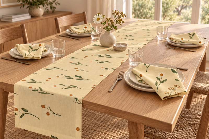 A table worth gathering around featuring the linked home textiles. Furniture and accessories are styling only.