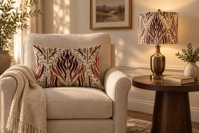 An evening corner featuring the linked home textiles. Furniture and accessories are styling only.