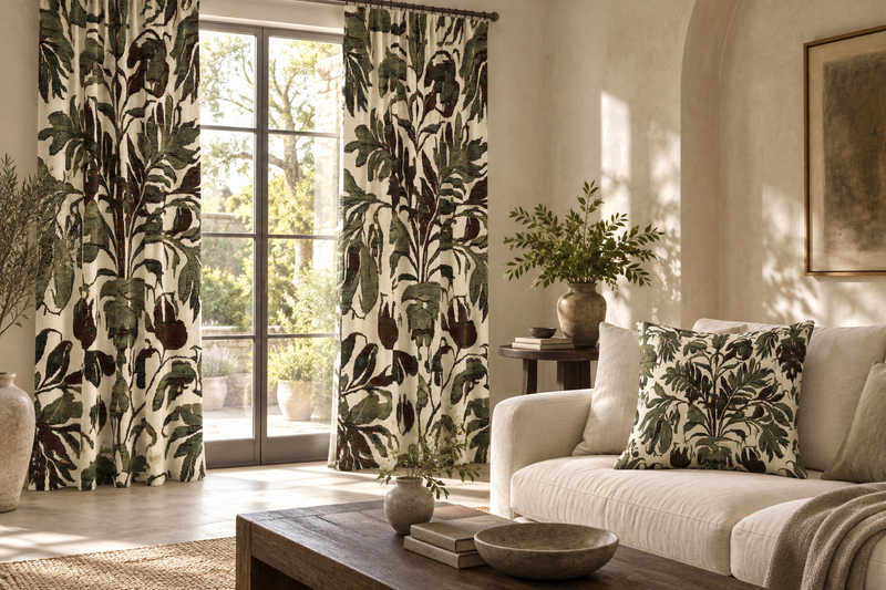 The botanical room featuring the linked home textiles. Furniture and accessories are styling only.