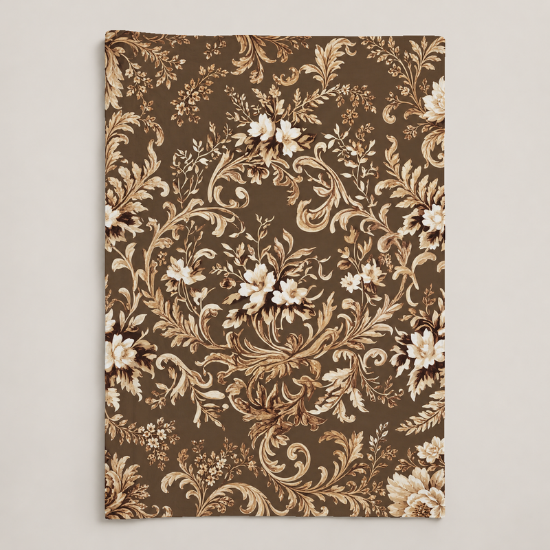 Nocturne Smooth Cotton coverlet in chocolate and flax botanical print.