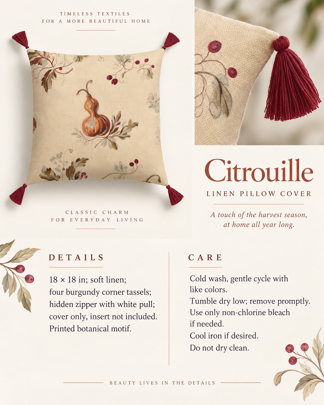 Citrouille Pumpkin Botanical Soft Linen Tassel Pillow Cover — Terracotta & Parchment; details care guide.