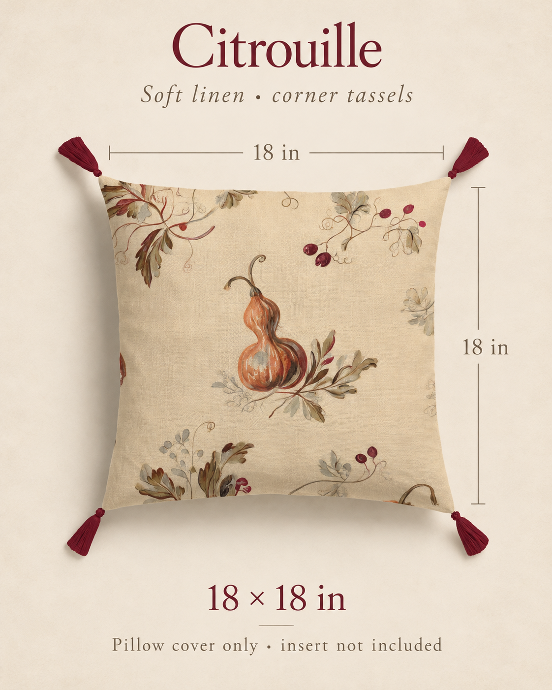 Citrouille Pumpkin Botanical Soft Linen Tassel Pillow Cover — Terracotta & Parchment; dimensions guide.