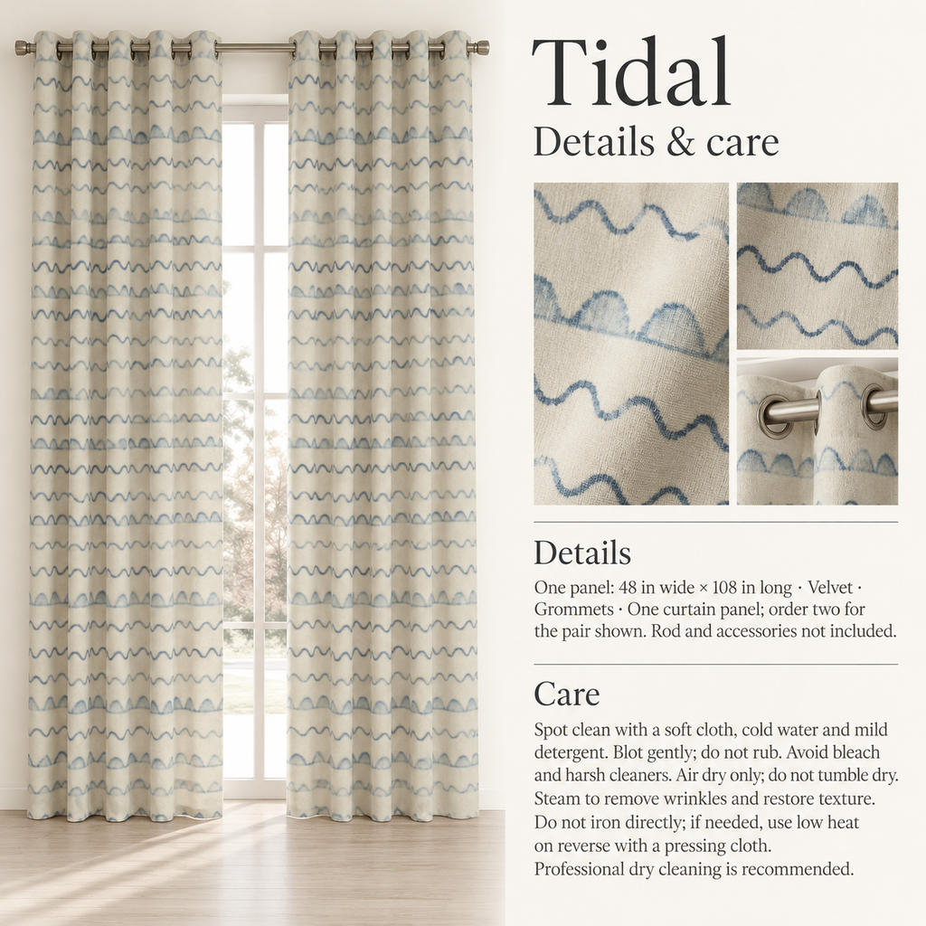 Tidal Wavy Stripe Velvet Curtain Panel — 48 × 108 in, Blue & Ivory; details and care.