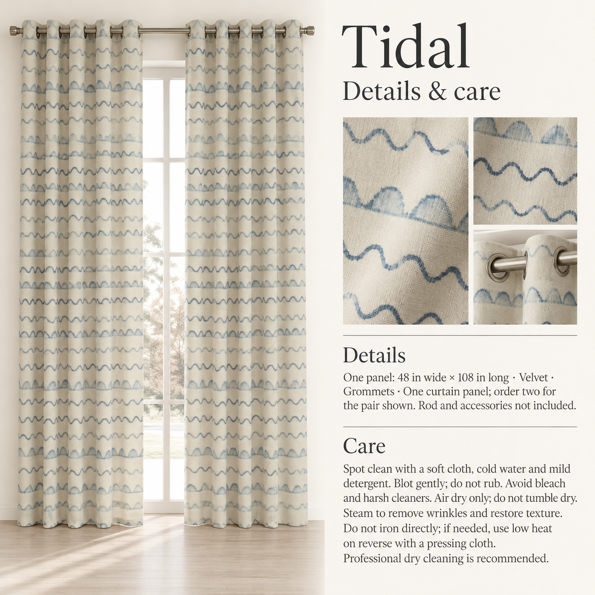 Tidal Wavy Stripe Velvet Curtain Panel — 48 × 108 in, Blue & Ivory; details and care.