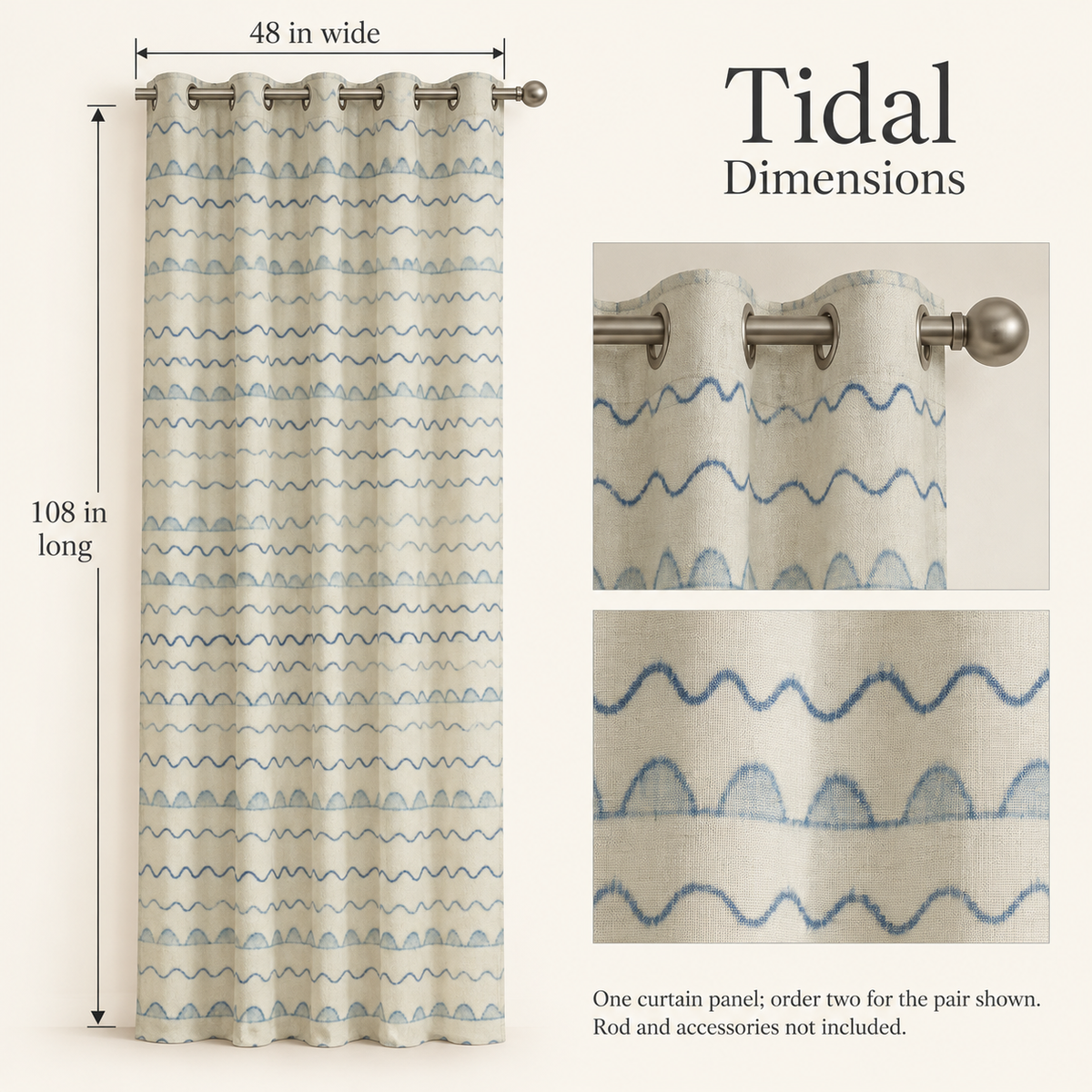 Tidal Wavy Stripe Velvet Curtain Panel — 48 × 108 in, Blue & Ivory; dimensions and inclusions.