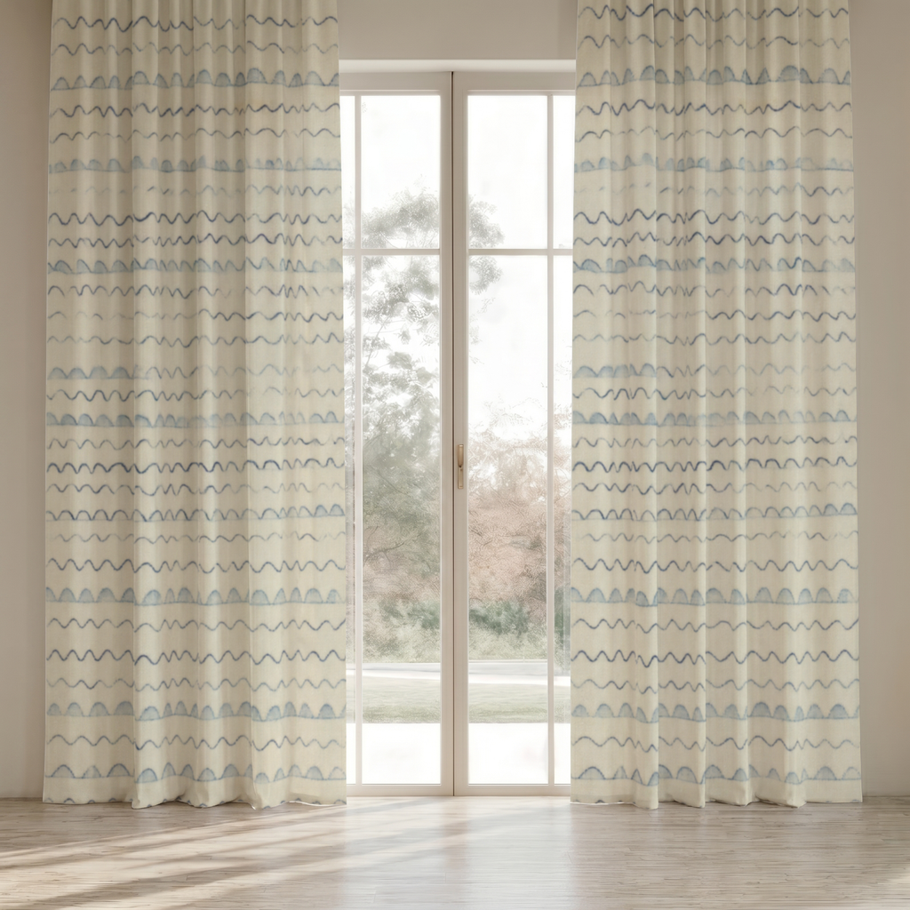 Tidal Wavy Stripe Velvet Curtain Panel — 48 × 108 in, Blue & Ivory; supplier product view 1.
