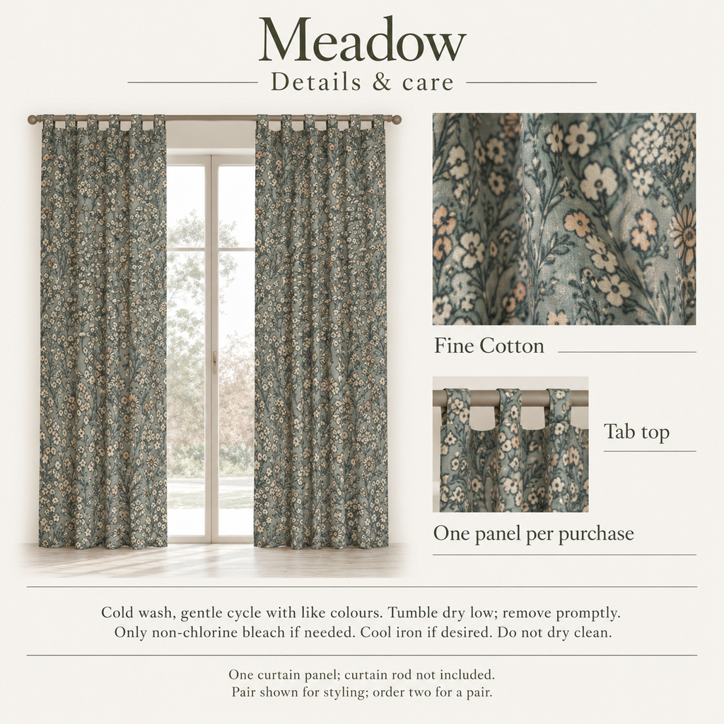 Meadow Floral Fine Cotton Tab-Top Curtain Panel — 48 × 96 in, Sage & Peach; details and care.