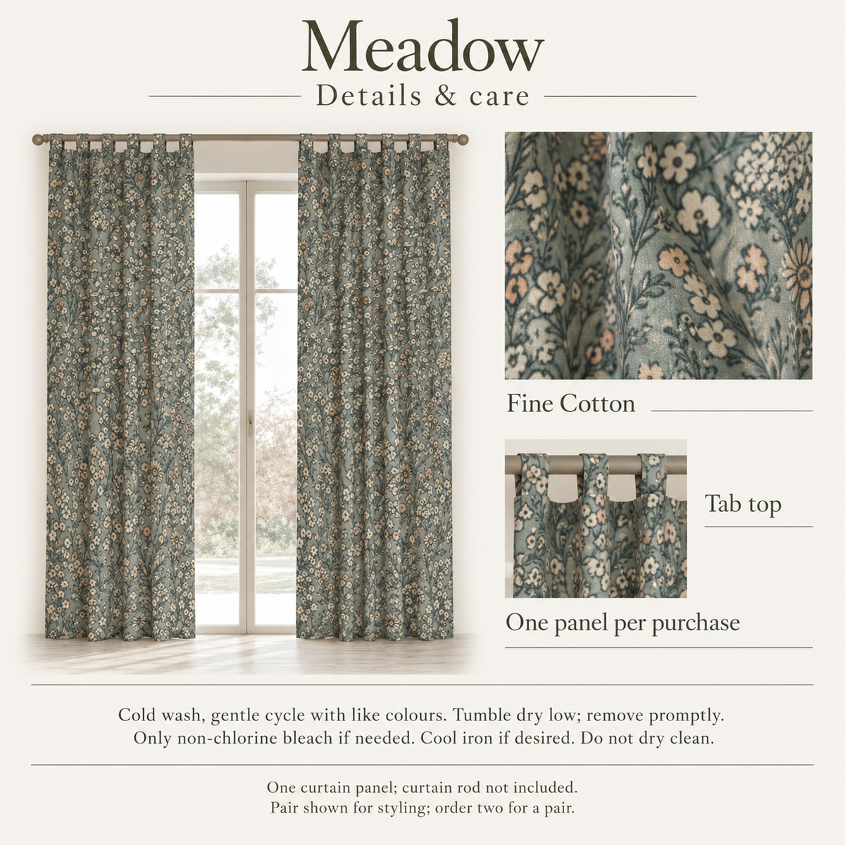 Meadow Floral Fine Cotton Tab-Top Curtain Panel — 48 × 96 in, Sage & Peach; details and care.