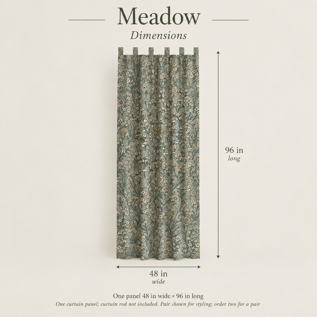 Meadow Floral Fine Cotton Tab-Top Curtain Panel — 48 × 96 in, Sage & Peach; dimensions and inclusions.
