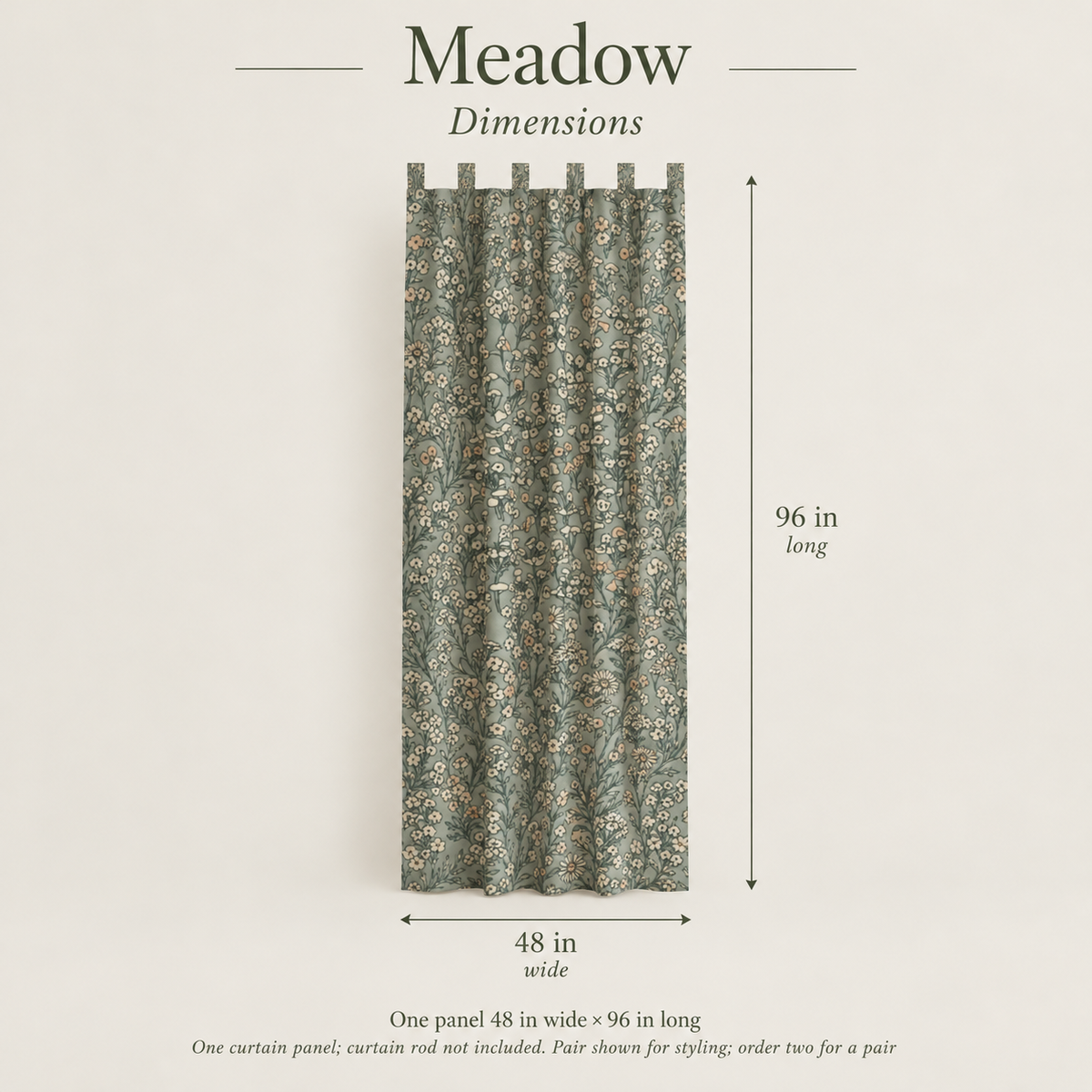 Meadow Floral Fine Cotton Tab-Top Curtain Panel — 48 × 96 in, Sage & Peach; dimensions and inclusions.