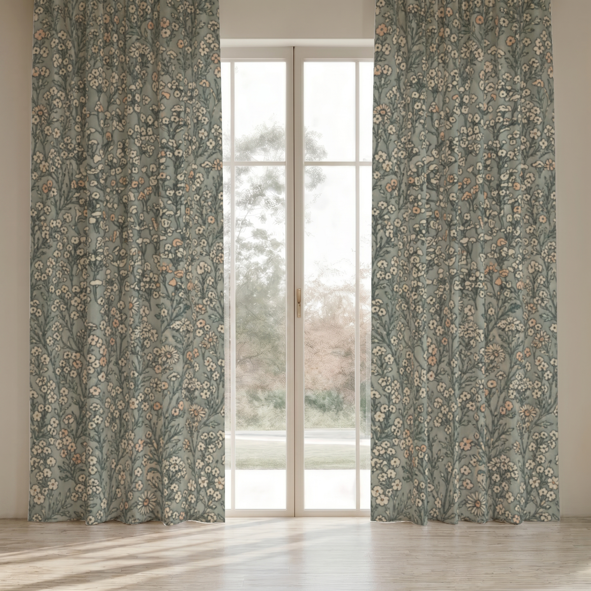 Meadow Floral Fine Cotton Tab-Top Curtain Panel — 48 × 96 in, Sage & Peach; supplier product view 1.