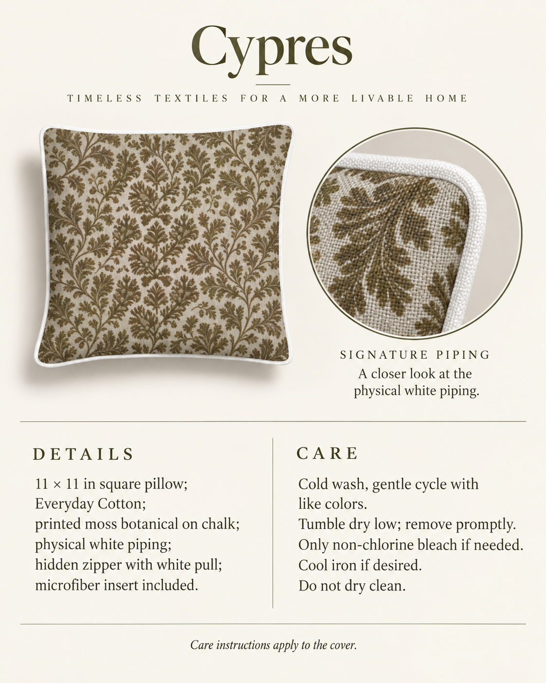Cypres Botanical Piped Petite Pillow with Microfiber Insert — 11″ Square, Moss & Chalk; verified details and care guide.