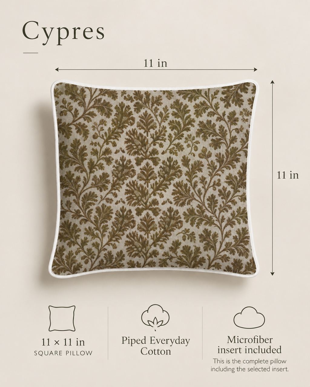 Cypres Botanical Piped Petite Pillow with Microfiber Insert — 11″ Square, Moss & Chalk; dimension diagram and inclusions.