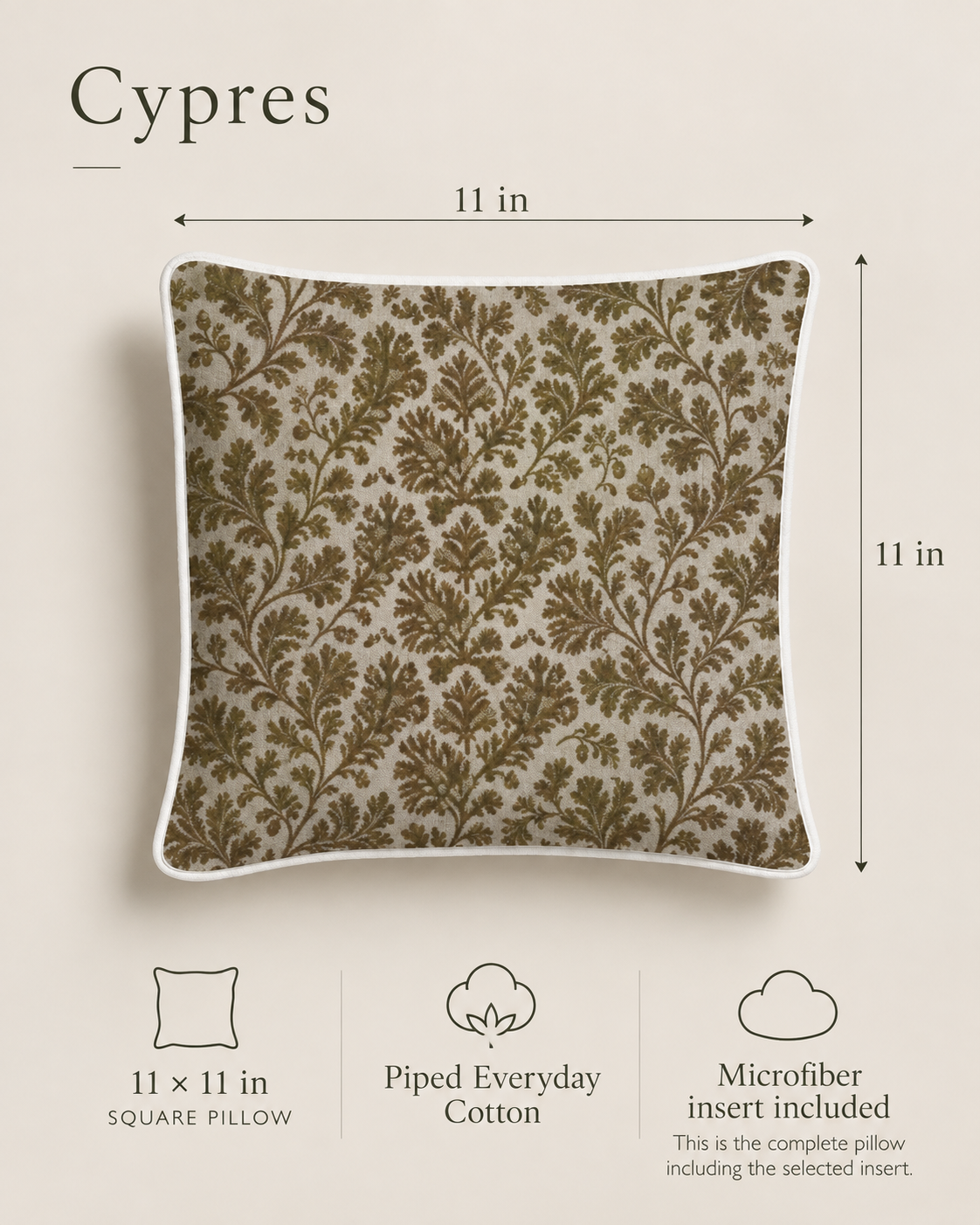Cypres Botanical Piped Petite Pillow with Microfiber Insert — 11″ Square, Moss & Chalk; dimension diagram and inclusions.