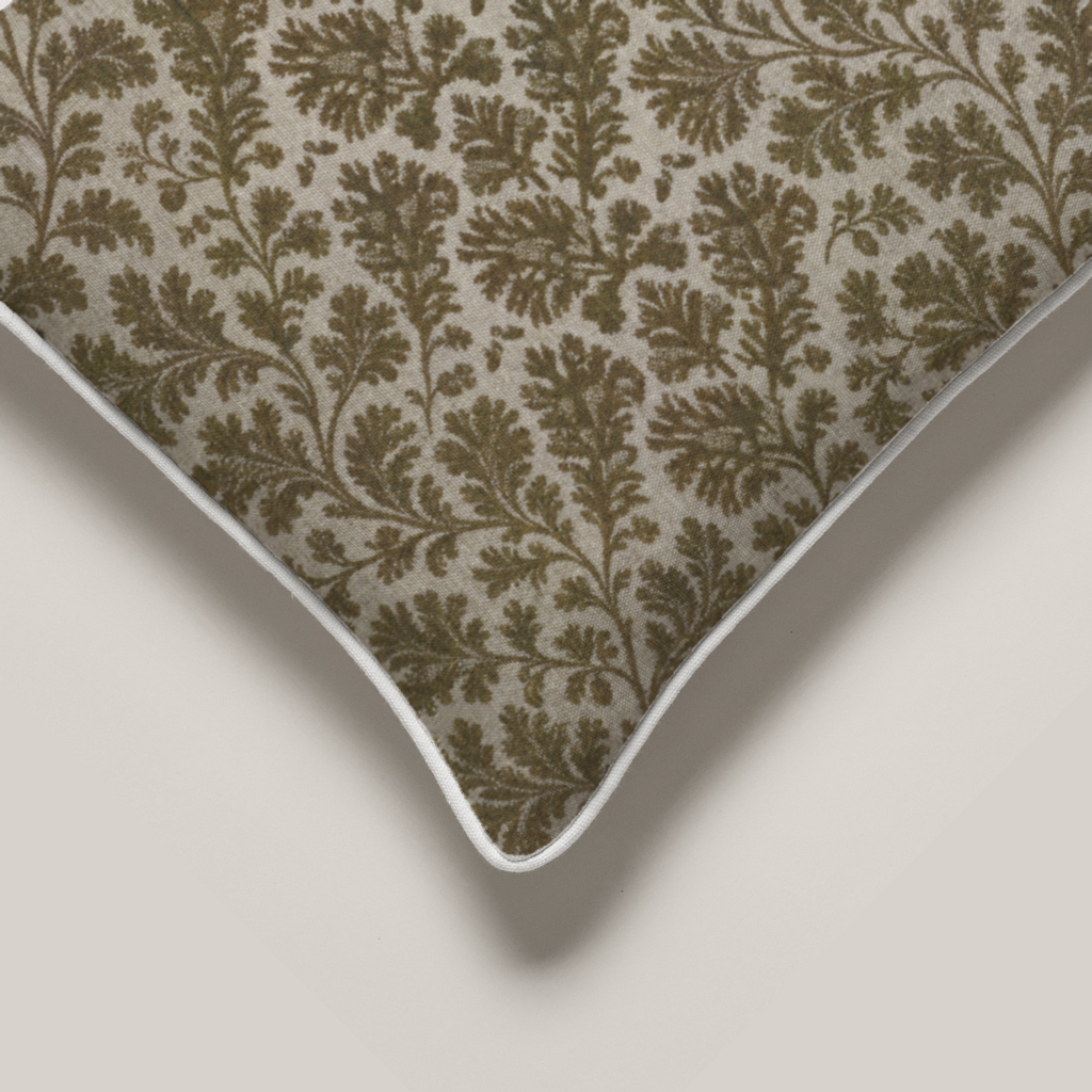 Cypres Botanical Piped Petite Pillow with Microfiber Insert — 11″ Square, Moss & Chalk; printed fabric and physical finishing detail.