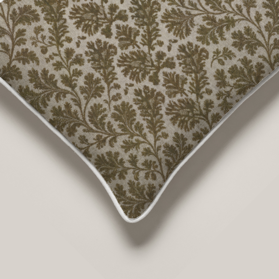 Cypres Botanical Piped Petite Pillow with Microfiber Insert — 11″ Square, Moss & Chalk; printed fabric and physical finishing detail.