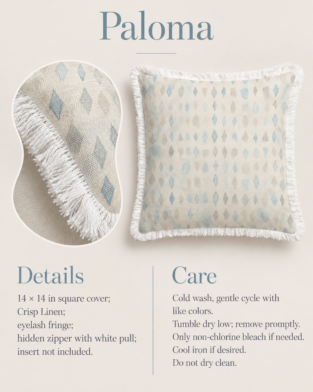 Paloma Geometric Crisp Linen Fringe Pillow Cover — 14″ Square, Blue & Ivory; verified details and care guide.