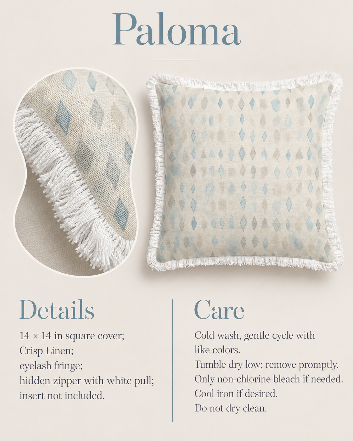 Paloma Geometric Crisp Linen Fringe Pillow Cover — 14″ Square, Blue & Ivory; verified details and care guide.