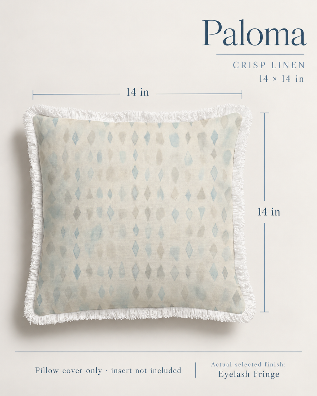 Paloma Geometric Crisp Linen Fringe Pillow Cover — 14″ Square, Blue & Ivory; dimension diagram and inclusions.