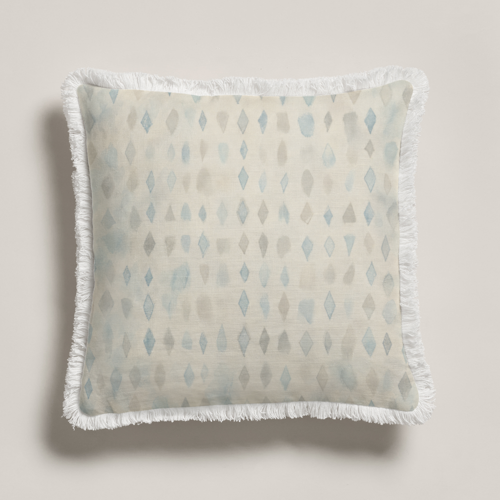 Paloma Geometric Crisp Linen Fringe Pillow Cover — 14″ Square, Blue & Ivory; full product view.
