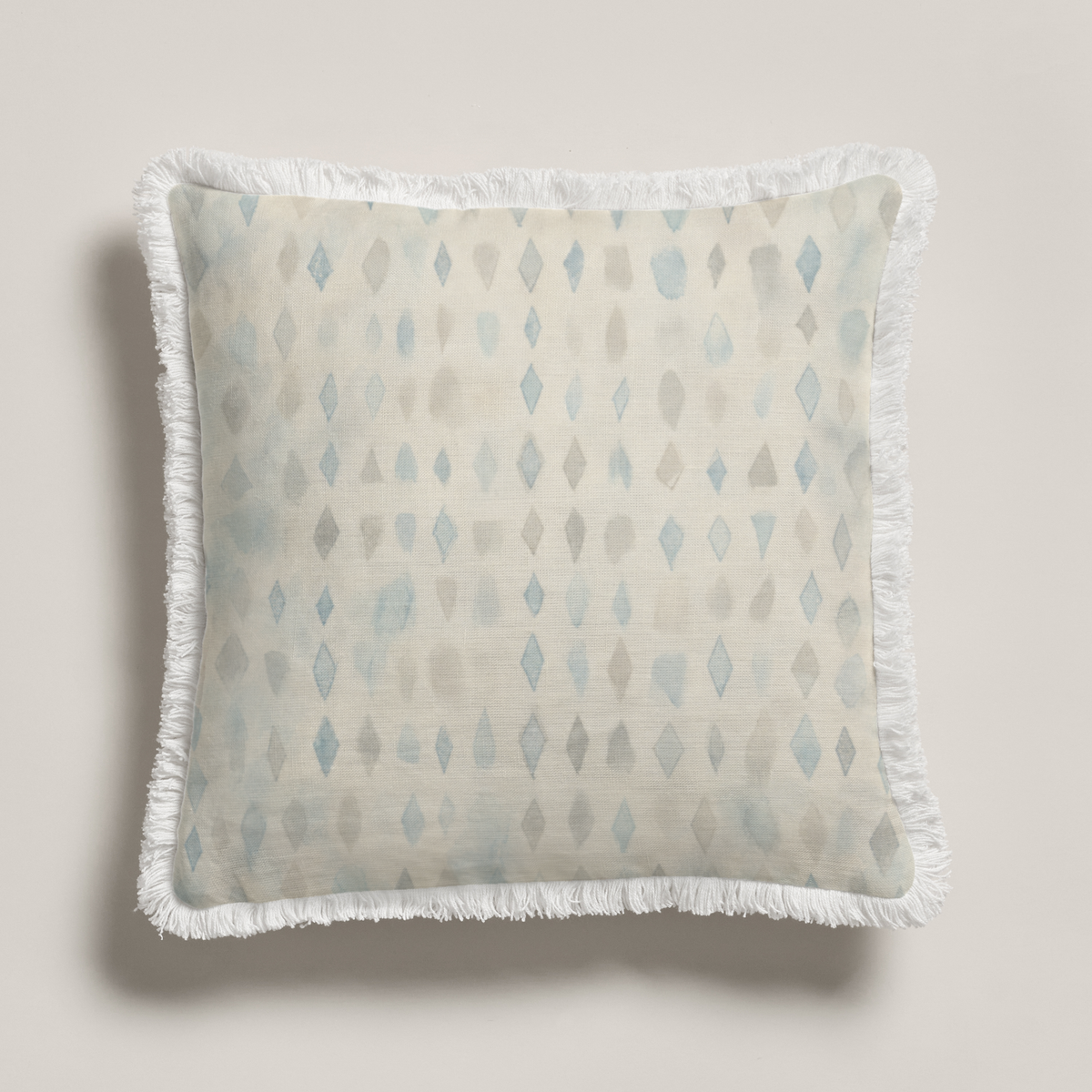 Paloma Geometric Crisp Linen Fringe Pillow Cover — 14″ Square, Blue & Ivory; full product view.