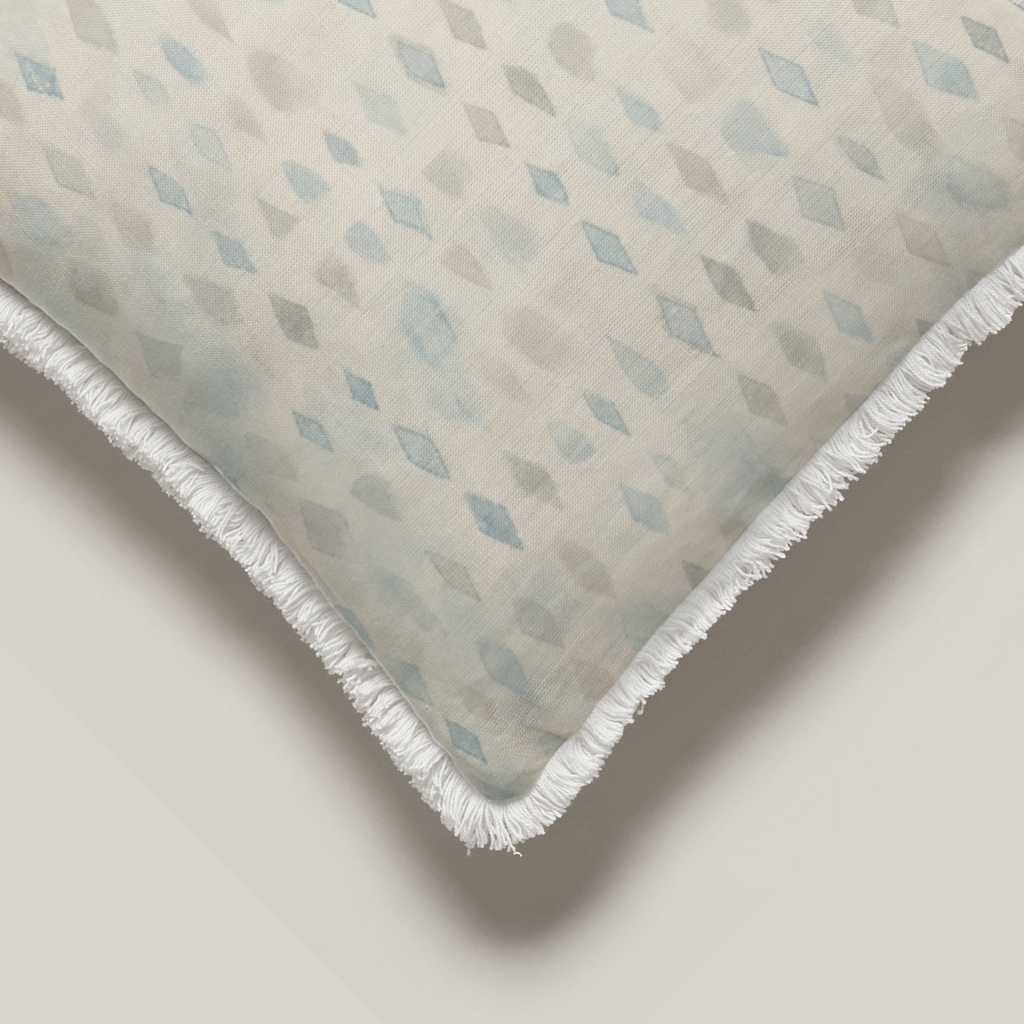 Paloma Geometric Crisp Linen Fringe Pillow Cover — 14″ Square, Blue & Ivory; printed fabric and physical finishing detail.