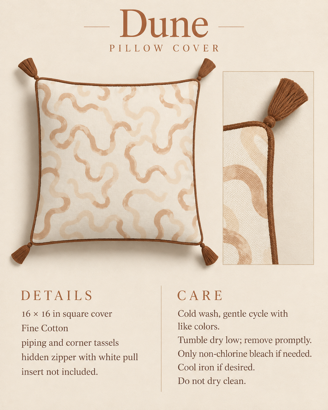 Dune Abstract Fine Cotton Piped & Tasselled Pillow Cover — 16″ Square, Camel & Chalk; verified details and care guide.