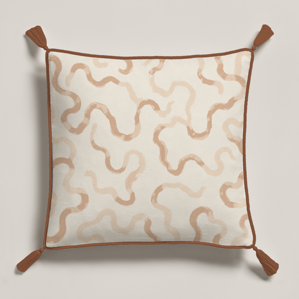 Dune Abstract Fine Cotton Piped & Tasselled Pillow Cover — 16″ Square, Camel & Chalk; full product view.