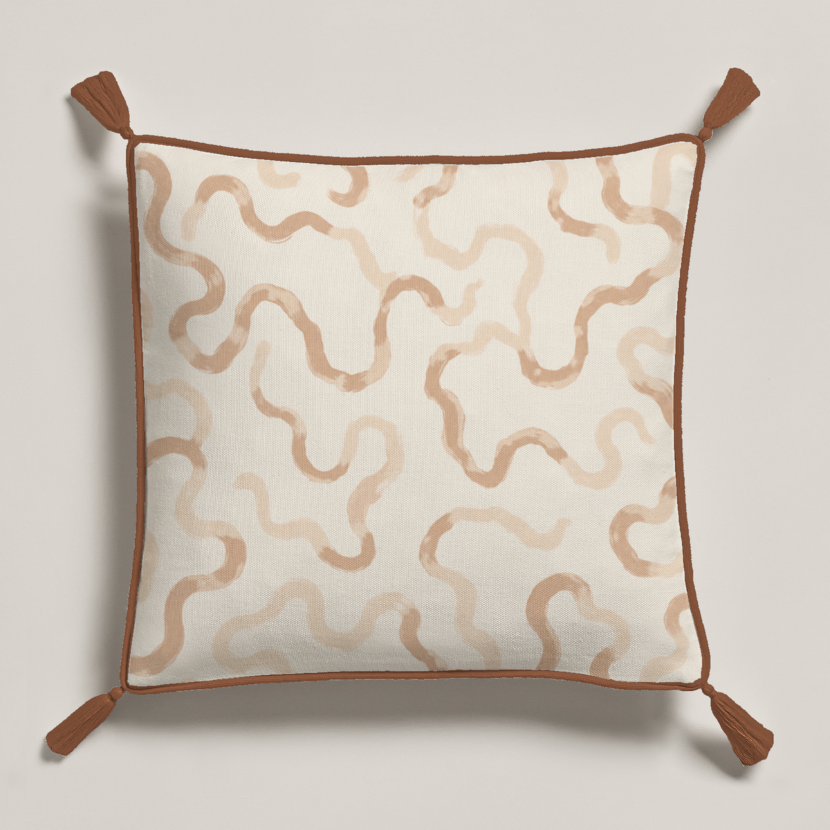 Dune Abstract Fine Cotton Piped & Tasselled Pillow Cover — 16″ Square, Camel & Chalk; full product view.