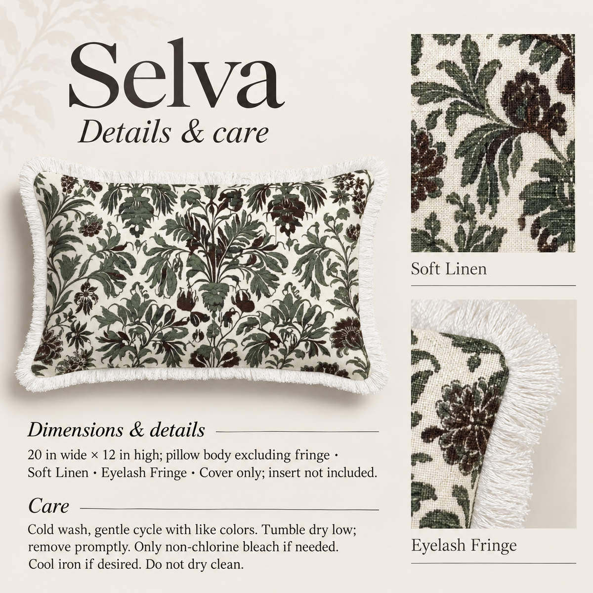 Selva Botanical Soft Linen Fringe Lumbar Pillow Cover — 20 × 12 in, Olive & Parchment; details and care.