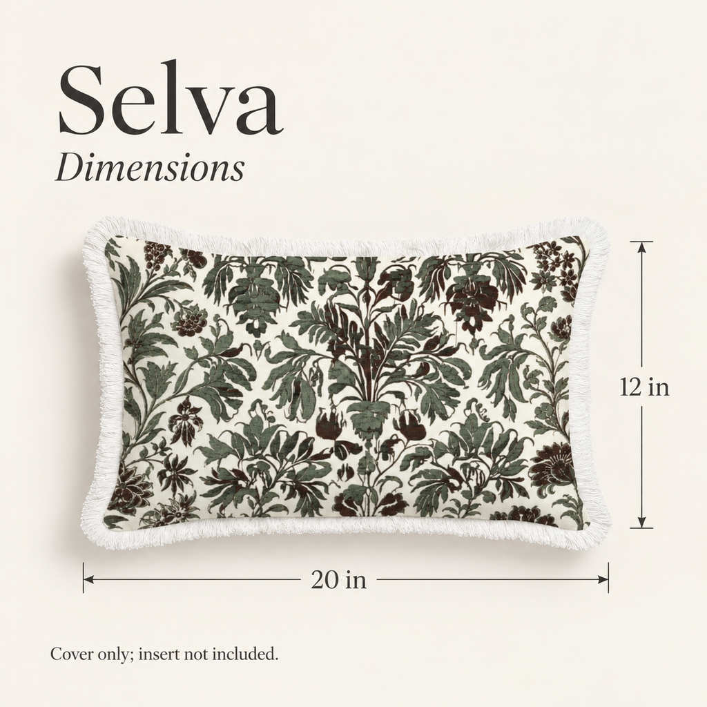 Selva Botanical Soft Linen Fringe Lumbar Pillow Cover — 20 × 12 in, Olive & Parchment; dimensions and inclusions.