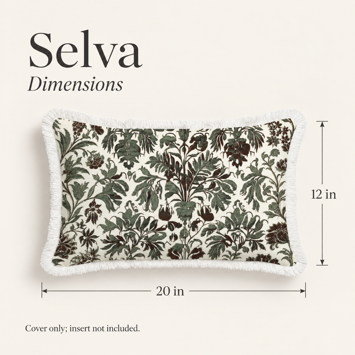 Selva Botanical Soft Linen Fringe Lumbar Pillow Cover — 20 × 12 in, Olive & Parchment; dimensions and inclusions.