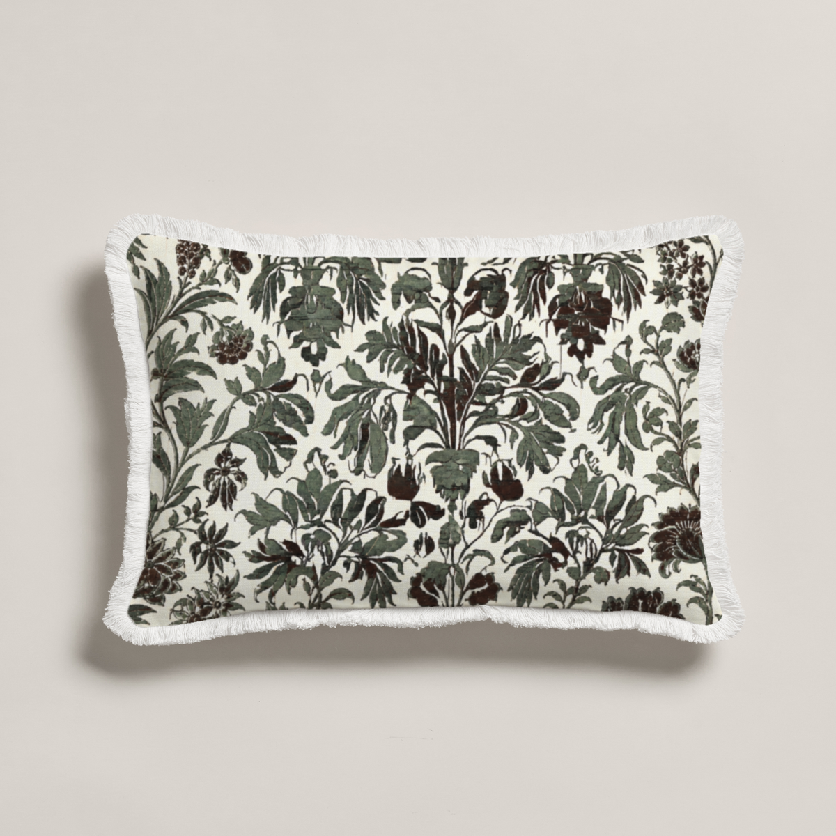 Selva Botanical Soft Linen Fringe Lumbar Pillow Cover — 20 × 12 in, Olive & Parchment; supplier product view 1.