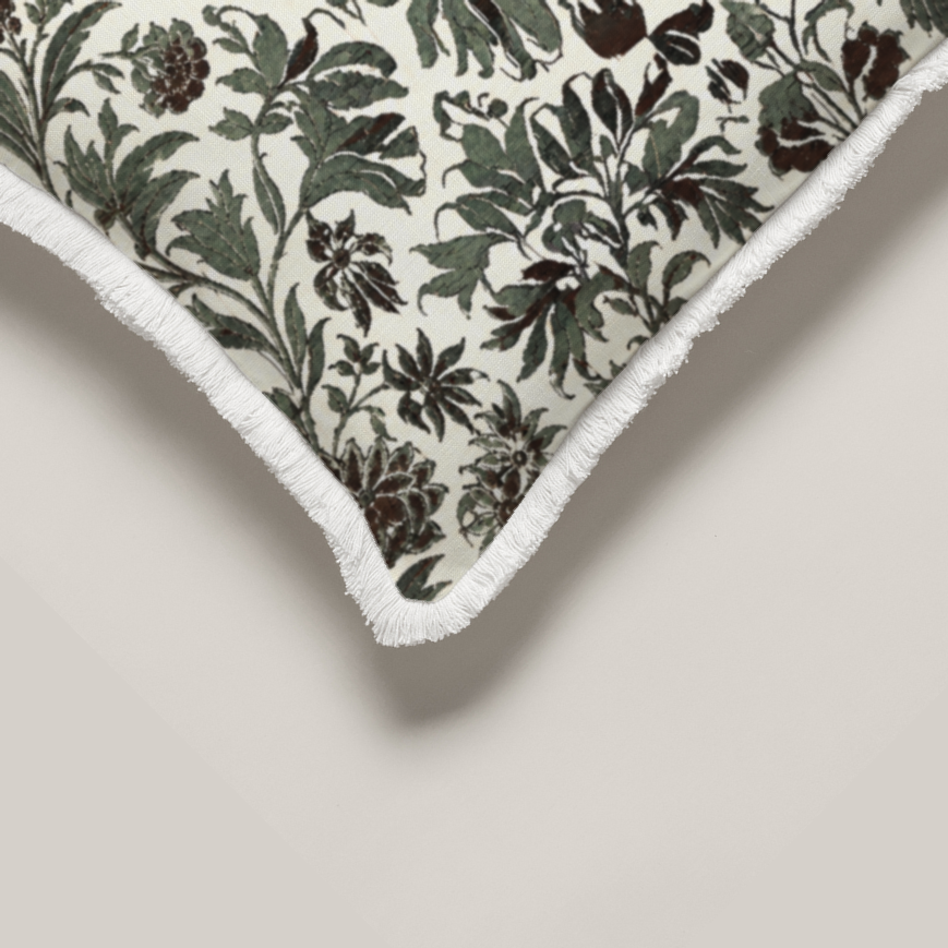 Selva Botanical Soft Linen Fringe Lumbar Pillow Cover — 20 × 12 in, Olive & Parchment; supplier product view 2.