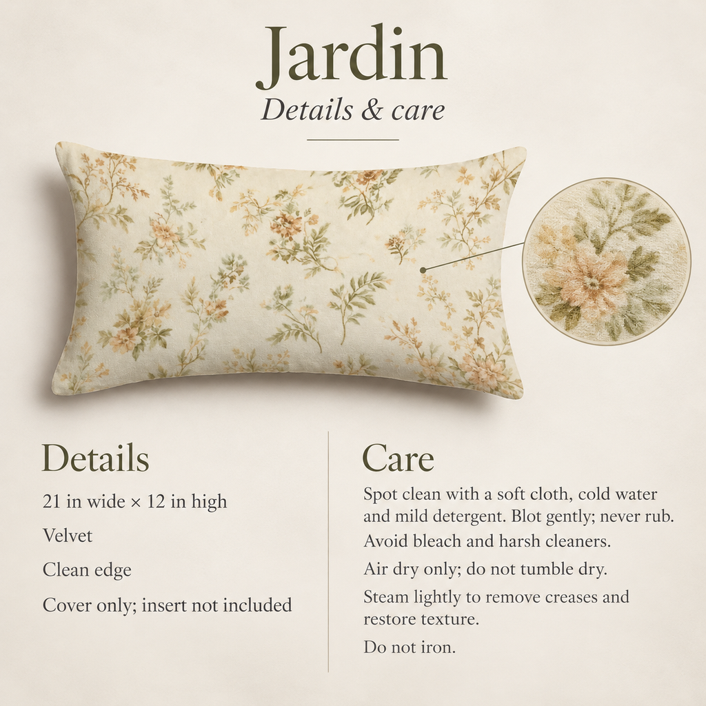 Jardin Floral Velvet Lumbar Pillow Cover — 21 × 12 in, Sage & Cream; details and care.