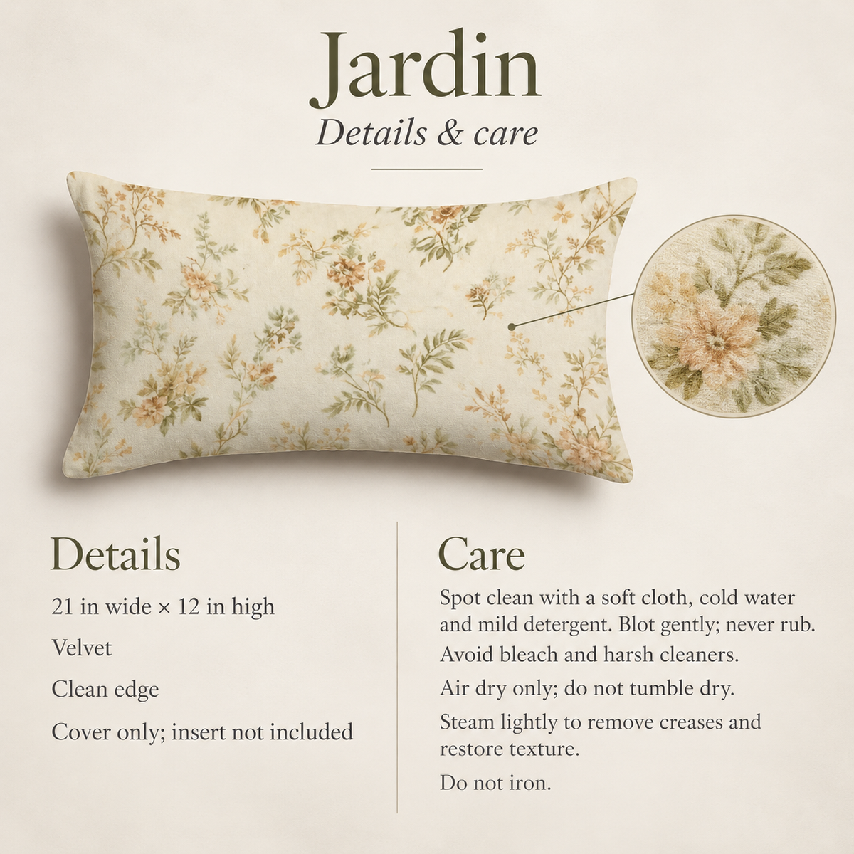 Jardin Floral Velvet Lumbar Pillow Cover — 21 × 12 in, Sage & Cream; details and care.
