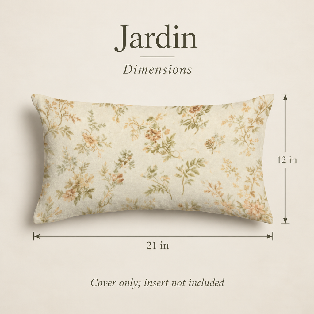Jardin Floral Velvet Lumbar Pillow Cover — 21 × 12 in, Sage & Cream; dimensions and inclusions.