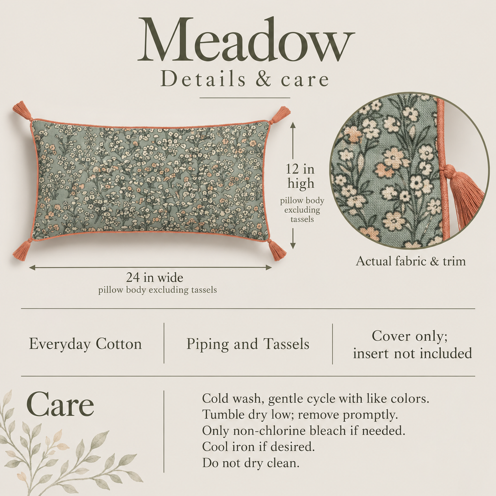 Meadow Floral Piped & Tasselled Cotton Lumbar Pillow Cover — 24 × 12 in, Sage & Peach; details and care.