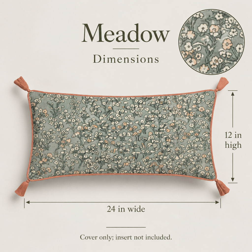 Meadow Floral Piped & Tasselled Cotton Lumbar Pillow Cover — 24 × 12 in, Sage & Peach; dimensions and inclusions.