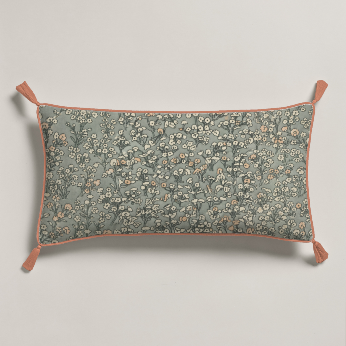 Meadow Floral Piped & Tasselled Cotton Lumbar Pillow Cover — 24 × 12 in, Sage & Peach; supplier product view 1.