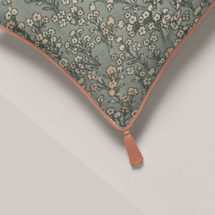 Meadow Floral Piped & Tasselled Cotton Lumbar Pillow Cover — 24 × 12 in, Sage & Peach; supplier product view 2.