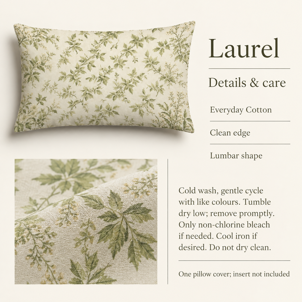 Laurel — 26 × 16 Botanical Lumbar Cover; details and care.