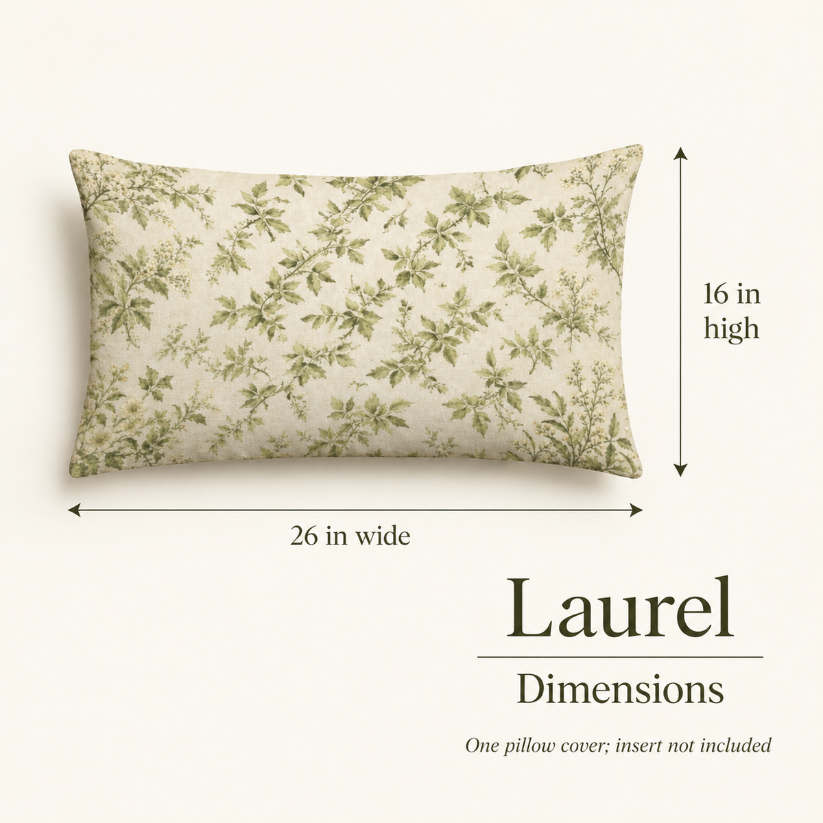 Laurel — 26 × 16 Botanical Lumbar Cover; dimensions and inclusions.