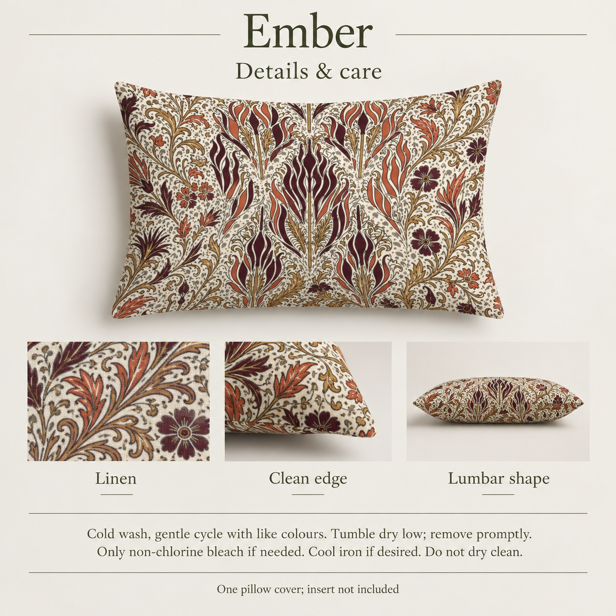 Ember — 30 × 20 Linen Lumbar Cover; details and care.