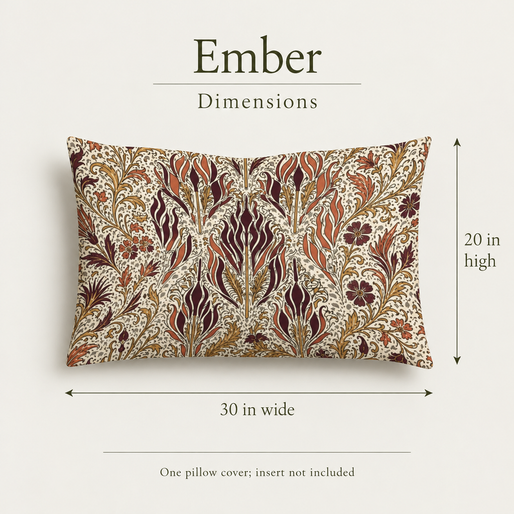 Ember — 30 × 20 Linen Lumbar Cover; dimensions and inclusions.
