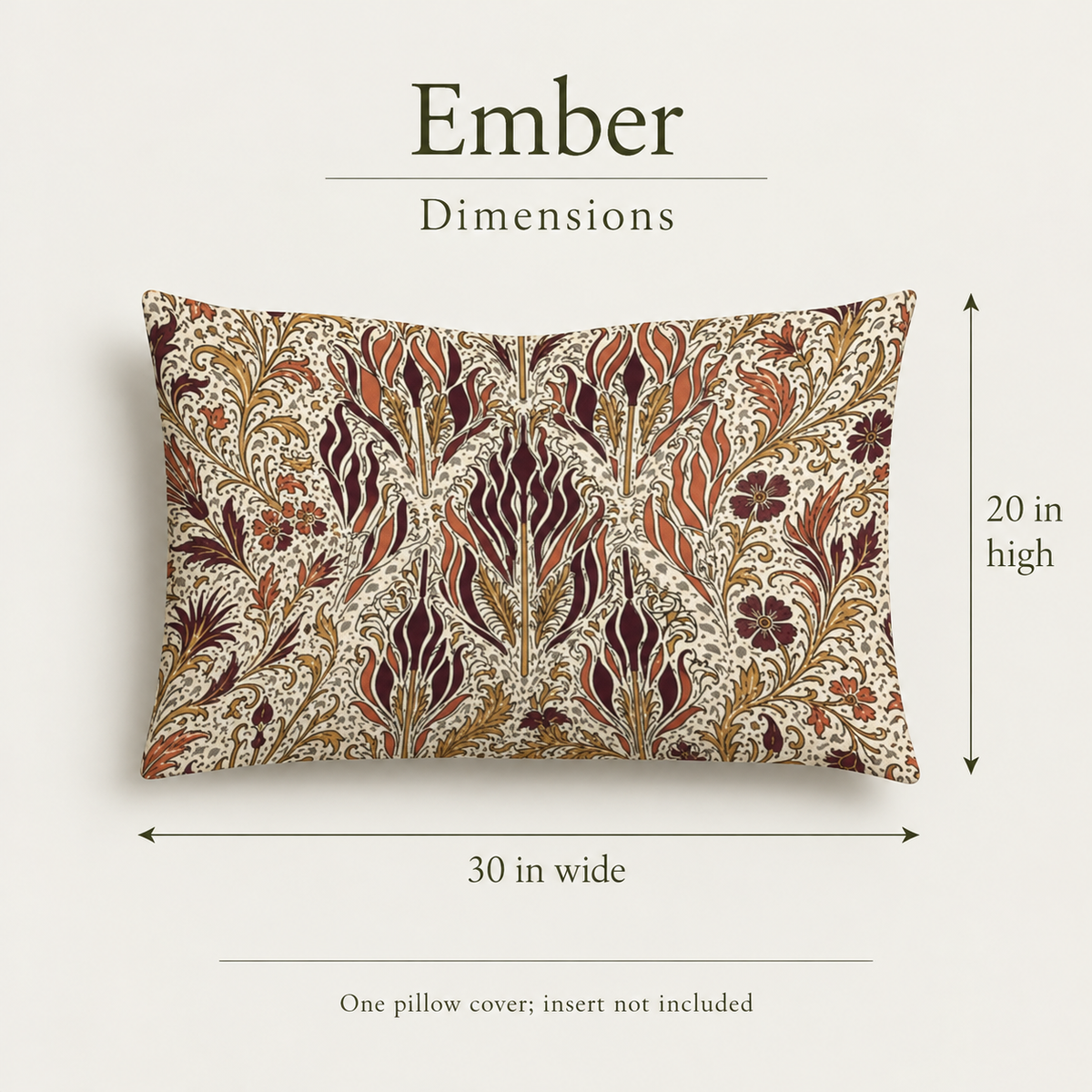 Ember — 30 × 20 Linen Lumbar Cover; dimensions and inclusions.
