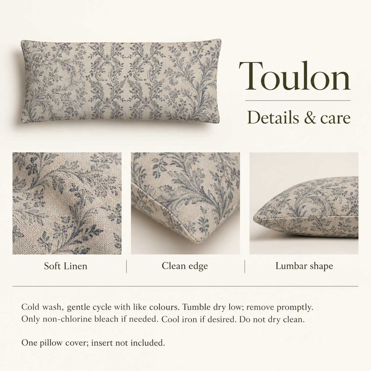 Toulon — 36 × 14 Soft Linen Lumbar Cover; details and care.