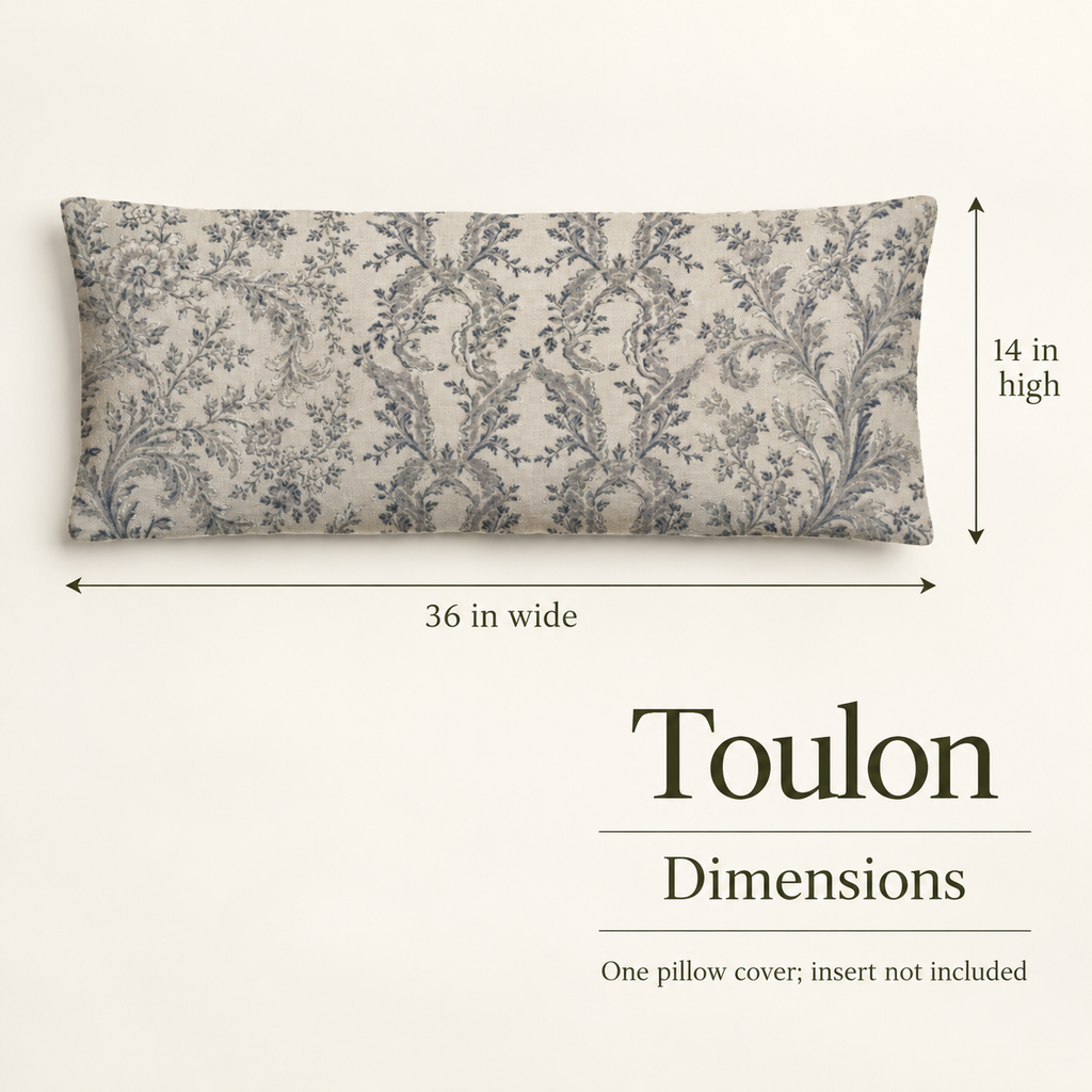 Toulon — 36 × 14 Soft Linen Lumbar Cover; dimensions and inclusions.
