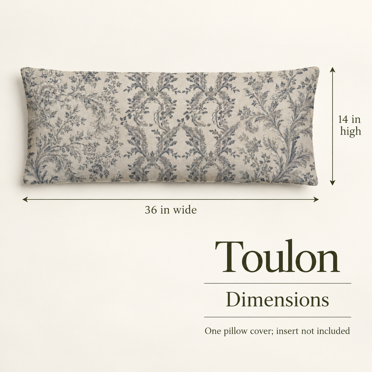 Toulon — 36 × 14 Soft Linen Lumbar Cover; dimensions and inclusions.
