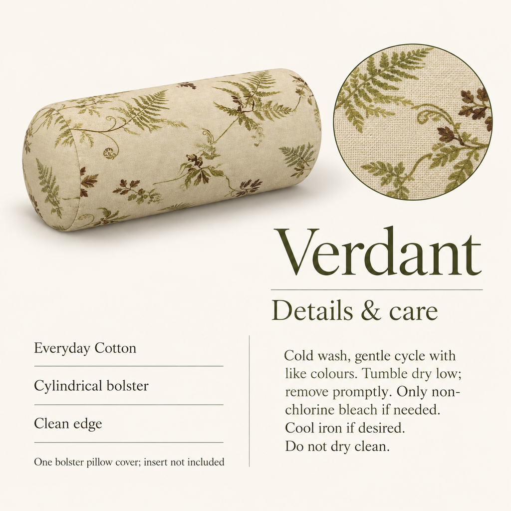 Verdant — 7 × 16 Botanical Bolster Cover; details and care.